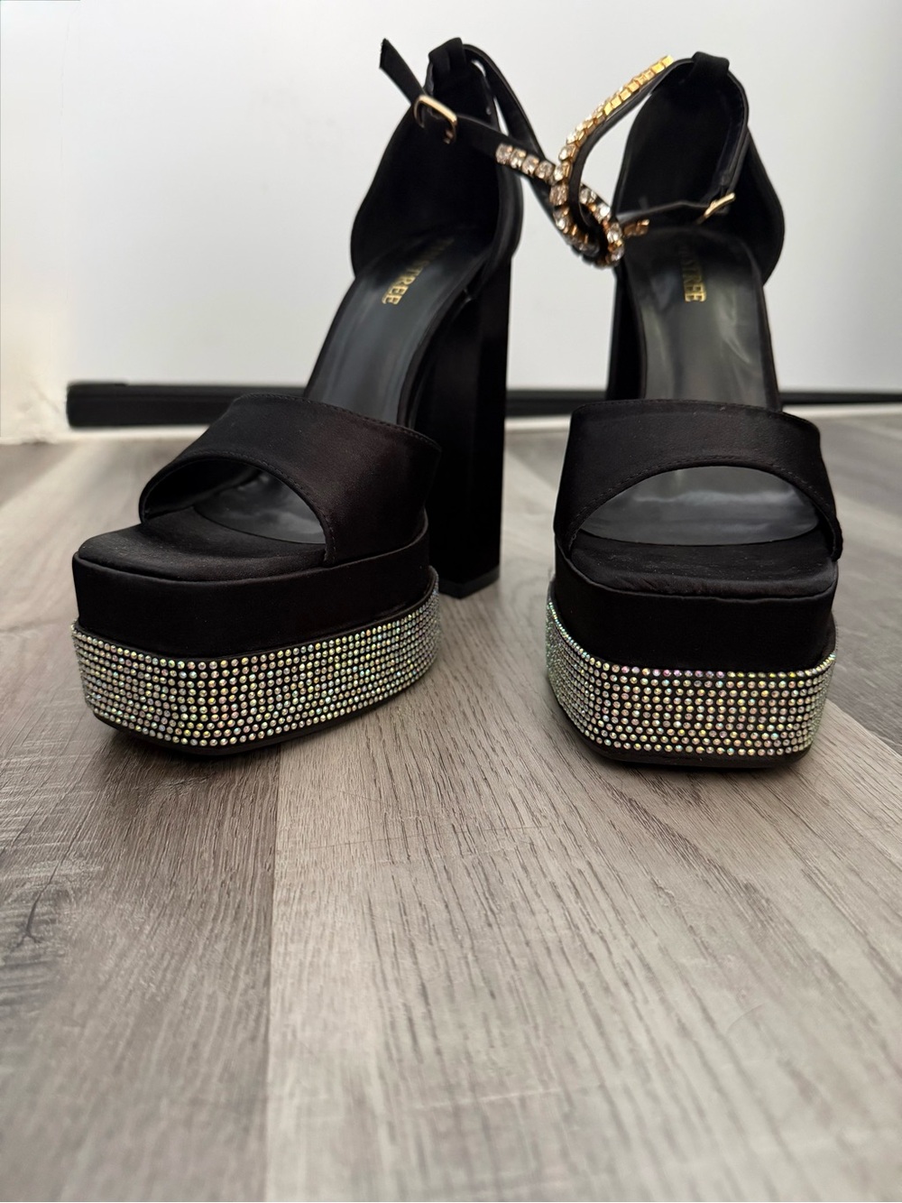 Black Rhinestone Platform Sandals with Ankle Strap Size 10